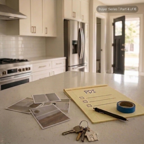 Pre-Delivery Inspection checklist, blue tape, deficiency photos and house keys in a new construction kitchen
