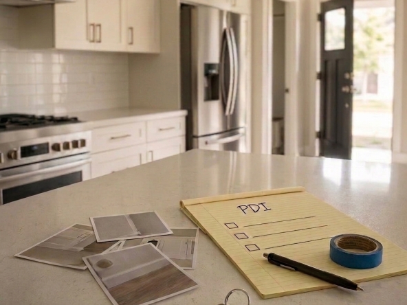 Pre-Delivery Inspection checklist, blue tape, deficiency photos and house keys in a new construction kitchen