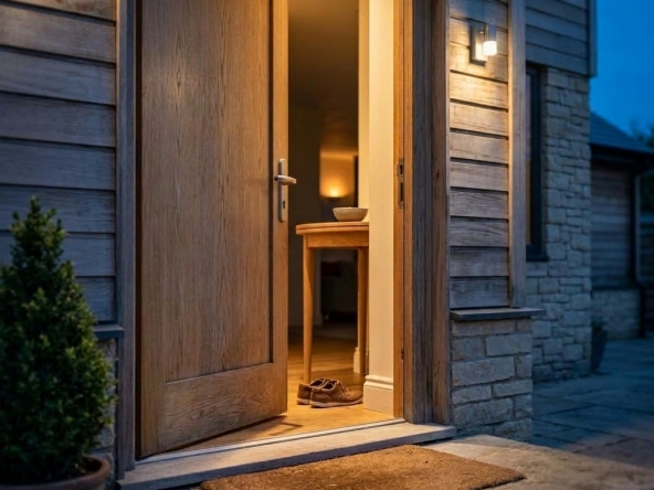 Open front door of a new home at dusk, representing real estate stewardship and the responsibility of guiding buyers home