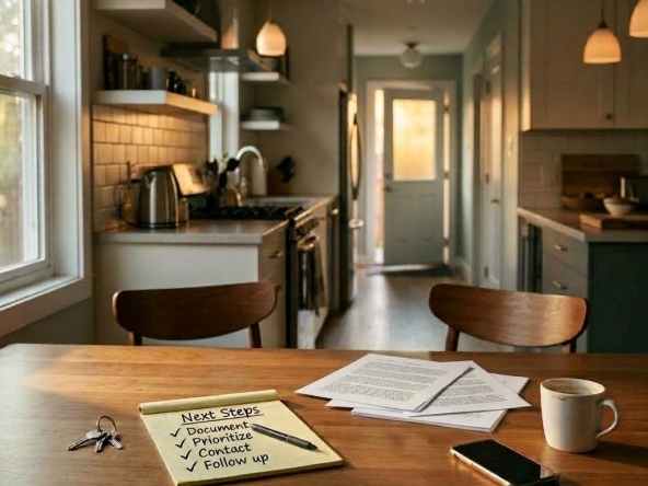 Next steps checklist and documents on a kitchen table representing a clear process during real estate uncertainty