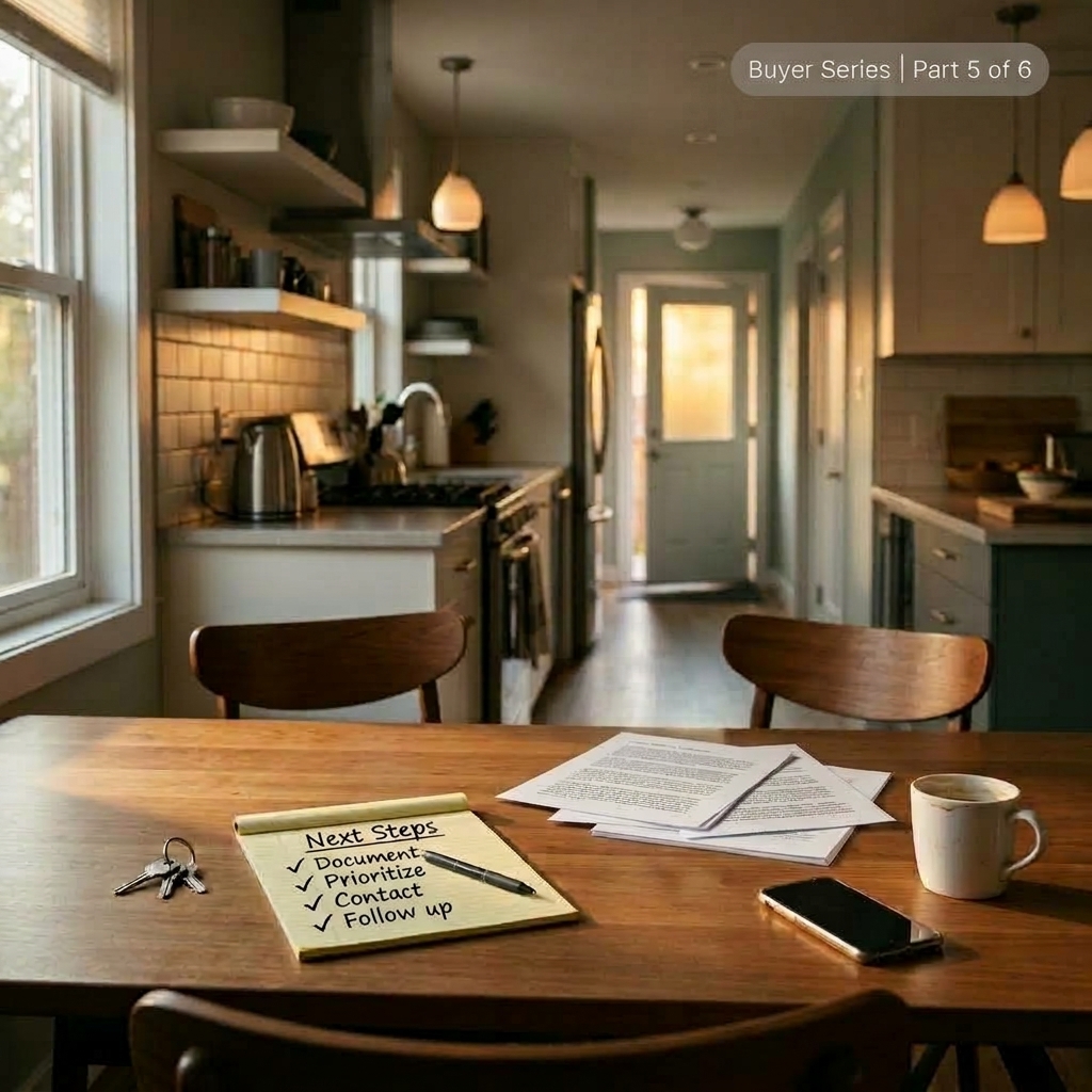 Next steps checklist and documents on a kitchen table representing a clear process during real estate uncertainty